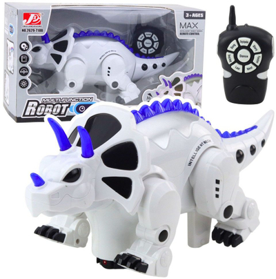 Lodër robot dinosauri Triceratops, me telekomandë, interaktive, e bardhë me blu