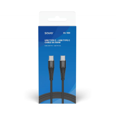 Kabllo USB Savio USB C në USB C, 2 m, 100W, i zi