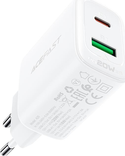 Karikues muri Acefast A25, 20W, 2 porta USB A dhe USB C, i bardhë