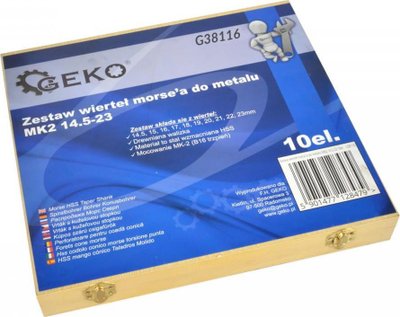 Set stërvitjesh metali Geko G38116, 10 copë, MK2 14.5-23mm, HSS, ngjyrë e zezë
