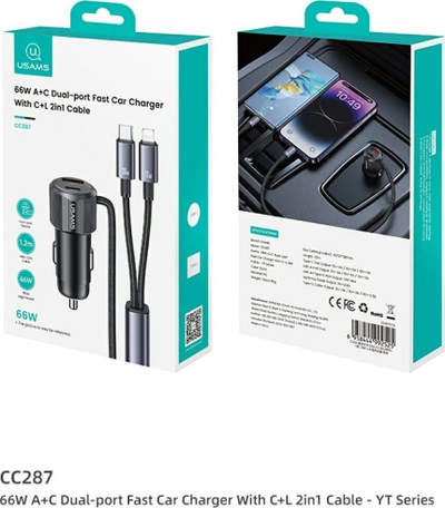 Полнач за автомобил Usams CC287 YT Series, 66W Dual Port USB A+C, со кабел 2 во 1 C+Lightning, црн