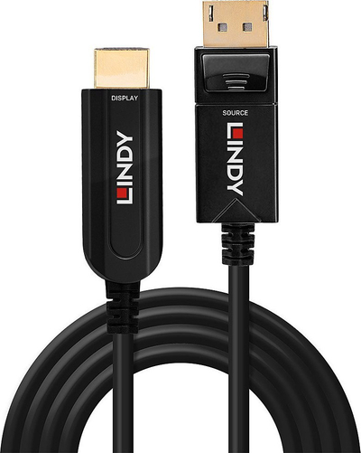Kабел Lindy Fibre Optic Hybrid DisplayPort 1.2 во HDMI, 30m, 4K, црн