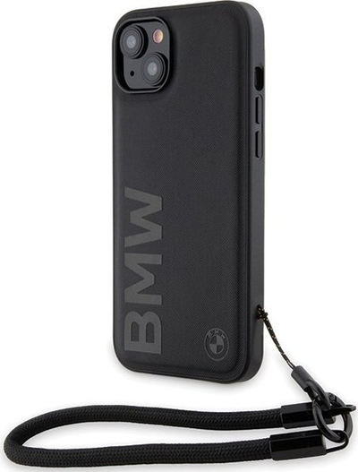 Mbulesë telefoni BMW Signature Leather Wordmark Cord për iPhone 15 Plus 14 Plus, lëkurë natyrale, me rrip dore, e zezë