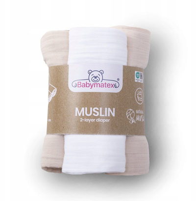 Pelenë museline BabyMatex, 70 x 80 cm, set me 3 copë, bezhë edhe e bardhë