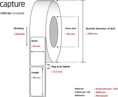 Letër etiketuese Capture CA-LB3085, për printer termik, e bardhë