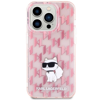 Mbulesë telefoni Karl Lagerfeld Monogram Choupette për iPhone 15 Pro Max, polikarbonat TPU, rozë transparente