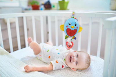 Lodër muzike pelushi Baby Clementoni Soft Bird, me melodi të Brahms-it, me varëse për krevat, ngjyrë blu