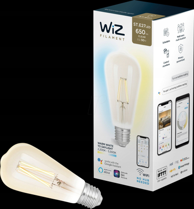 Llambë smart WiZ E27 LED ST64 Filament, 6.5W, 2200-5500K, transparente