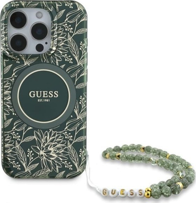 Mbulesë telefoni Guess IML Flowers Allover Electro with Pearl, për iPhone 16 Pro Max, MagSafe, jeshile