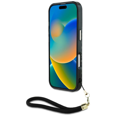 Keis telefoni Guess Leopard Triangle Cord Strap për iPhone 16, MagSafe, me rrip dore, i zi