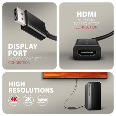Адаптер ДисплејПорт во ХДМИ AXAGON RVD-HI20N, 4K 60Hz, 15cm, црн