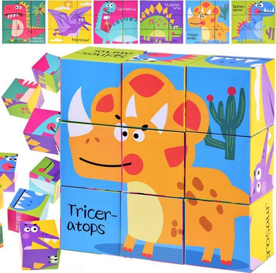 Puzzle kuba me dinosaurë, 9 blloqe, 6 figura, me ngjyra