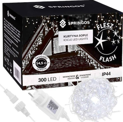 Drita dekorative perde Springos Sopel, 300 LED, 14.5m, e bardhë e ftohtë