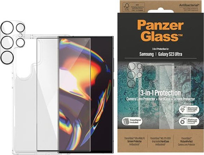 Set mbrojtës PanzerGlass 3 në 1, për Samsung Galaxy S23 Ultra, xham mbrojtës për ekran dhe HardCase transparent, i tejdukshëm
