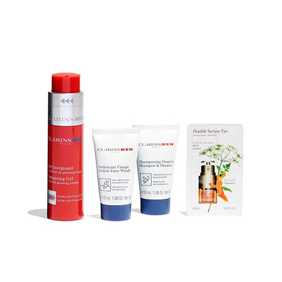 Set për meshkuj Clarins Men Energizing Set, xhel për fytyrë 50 ml + xhel pastrues për fytyrë 30 ml + shampo për flokë dhe trup 30 ml + serum për sytë 0.9 ml + çantë