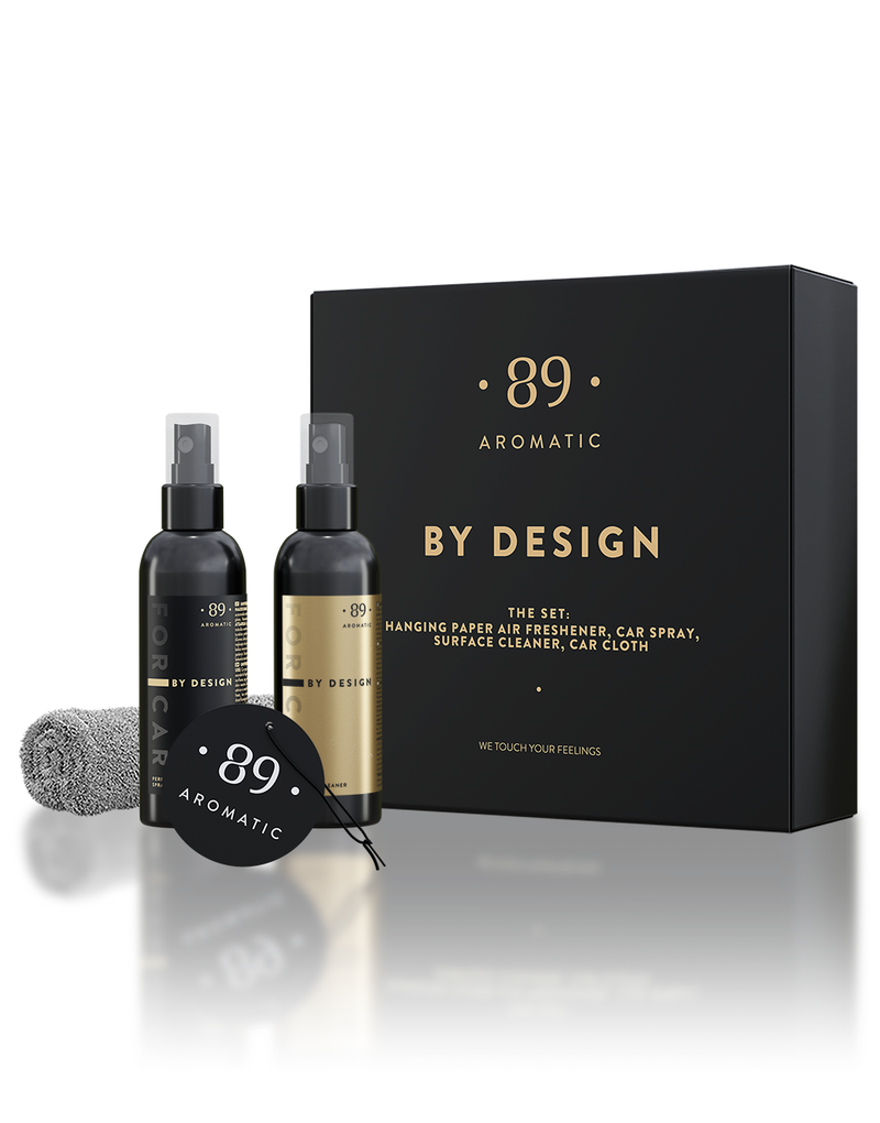 Set për veturë Aromatic89 By Design, Sprej aromë, 100ml + Pastrues me aromë, 100ml + Varëse me aromë, 1 copë + Peshqir mikrofibër