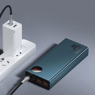 Powerbank me ekran dixhital Baseus Adaman Metal QC + PD, 20000mAh, 65W, i kaltër + kabllo USB-A/USB-C, 30cm, e zezë