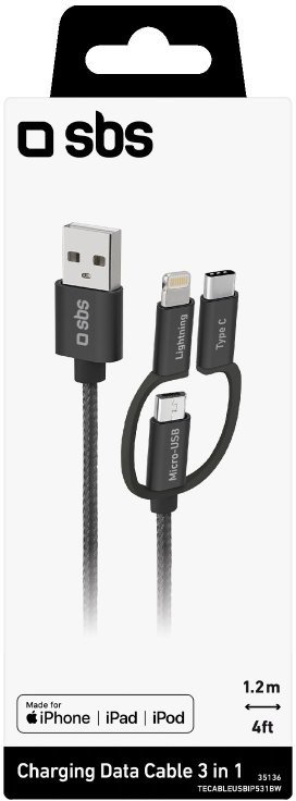 Kabllo USB SBS, 3 në 1 Micro USB USB C Lightning, 1.2m, USB 2.0, gri