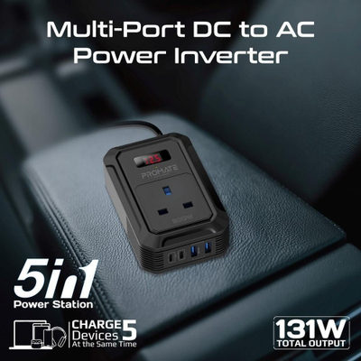 Inverter për makinë Promate Inverto 200W, dalje AC 12V, USB C PD 65W, i zi