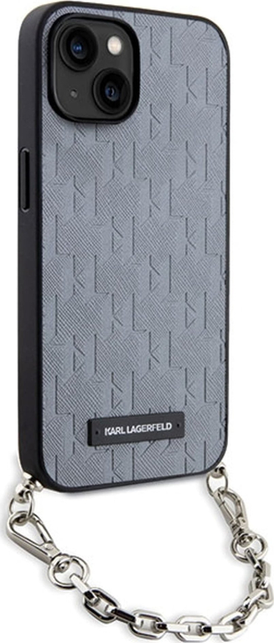Futrollë telefoni Karl Lagerfeld KLHCP14SSACKLHPG për iPhone 14, hardcase Saffiano, me zinxhir, argjendtë