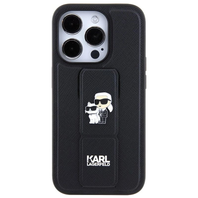 Maskë telefoni Karl Lagerfeld Gripstand Saffiano për iPhone 13 Pro/13 me mbajtëse stand, e zezë