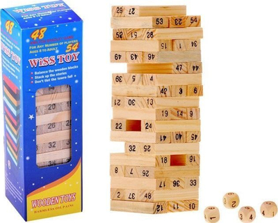 Lojë druri Jenga Wiss Toy GR0090, 54 kube, me zare druri, ngjyrë druri natyrale
