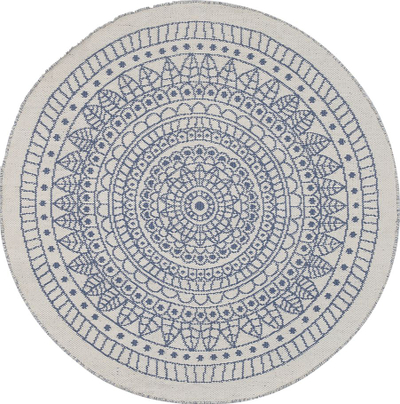 Tepih rrethor YALAK, i dyanshëm, diametër 140 cm, me lule dekorative blu