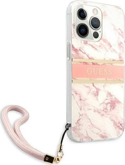 Mbulesë telefoni Guess Marble Stripe për iPhone 13 Pro Max, siliconi, me rrip dore, rozë