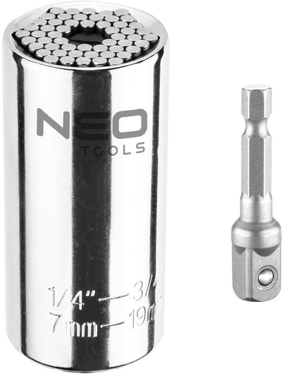 Kryq universal NEO Tools 55-224, 7-19mm, adapter 1/4" HEX në 3/8", argjendtë