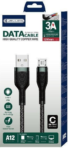 Kabllo USB JELLICO A12, Micro USB, 3A, 1.2m, e zezë