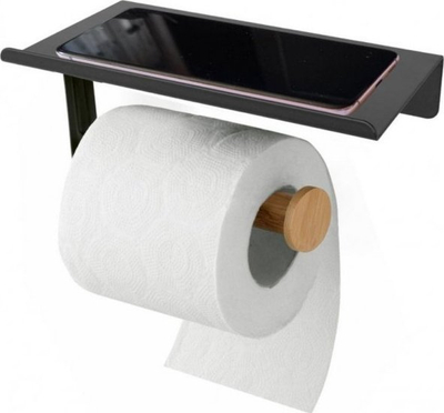 Mbajtëse letre tualeti Tadar Wood, me raft, metal dhe bambu, e zezë