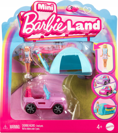 Set lodër Barbie Mini BarbieLand, kukull e vogël 1.5\", SUV me ndryshim ngjyre, çadër