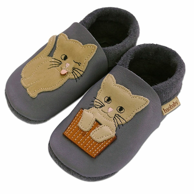 Këpucë lëkure për fëmijë Baobaby Classics Cats Kiss, taban i butë, kundër rrëshqitjes, gri