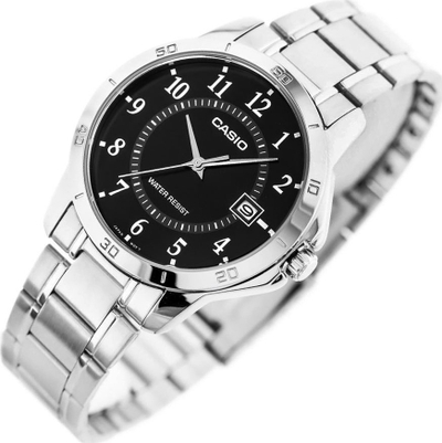 Ora dore Casio MTPV004D-1B, analog quartz, çelik inox, e argjendtë me kornizë të zezë