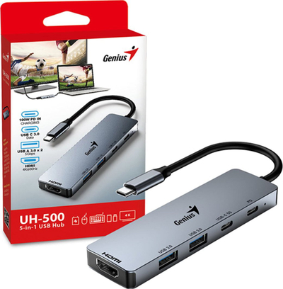 Hub USB Type-C Genius UH-500, HDMI 4K 60Hz, 100W PD, argjendtë