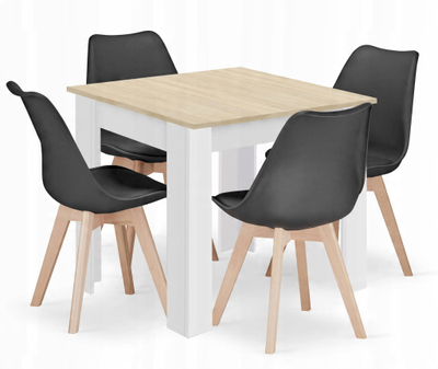 Set tavoline katrore DB Sonoma 80x80 me 4 karrige MARK, për kuzhinë dhe ngrënie, tavolinë e bardhë dhe dru Sonoma, karrige të zeza