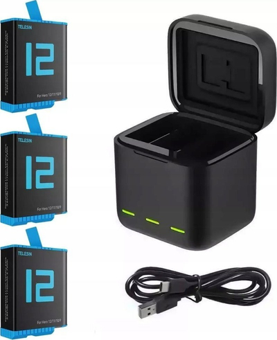 Karikues Telesin për GoPro Hero, 3 bateri, USB, i zi