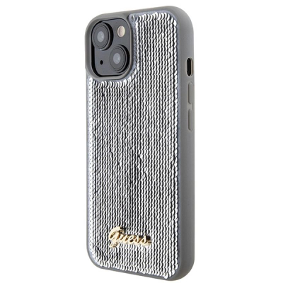 Mbulesë telefoni Guess Sequin Script Metal për iPhone 15 6.1", hardcase, argjendtë