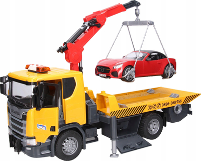 Set lodrash Bruder Scania Super 560R Roadside Assistance Tow Truck me Roadster, drita dhe tinguj, shkalla 1:16, shumëngjyrësh