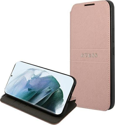 Флип футрола Guess Saffiano Stripes за Galaxy S22 Plus, со џебови за картички, розова