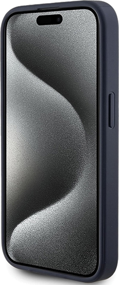 Mbulesë telefoni Guess 4G Triangle për iPhone 15 Pro Max, lëkurë eco, logo metal, blu e errët