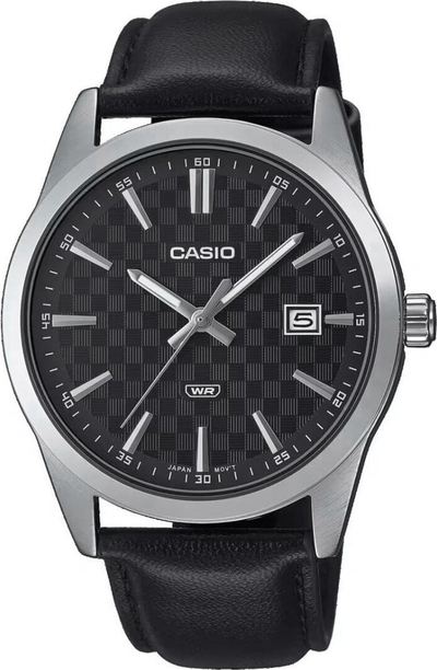 Orë burrash Casio MTP VD03L 1A, analoge, me rrip lëkure, e zezë me të bardhë