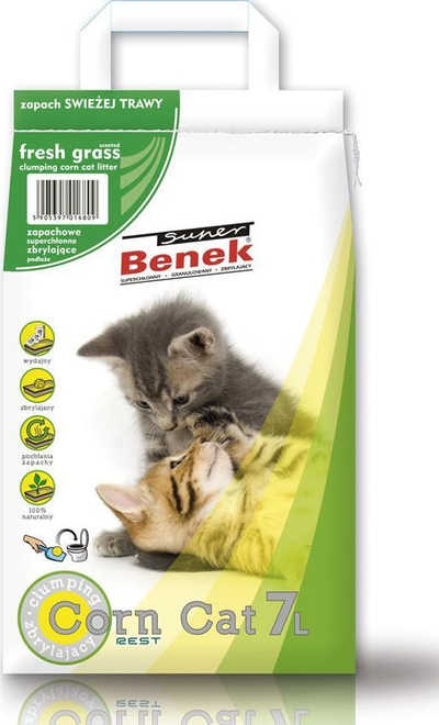 Rërë për mace Super Benek Corn Cat Fresh Grass, 7L, misër, me erë bari të freskët