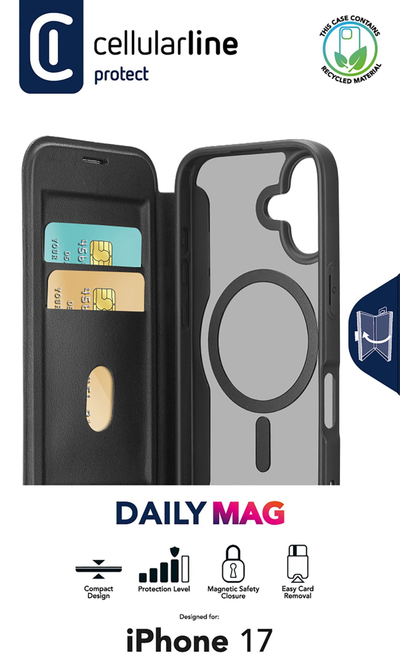 Këllëf libri Cellularline Daily MAG për iPhone 17, MagSafe, me xhepa për karta, i zi