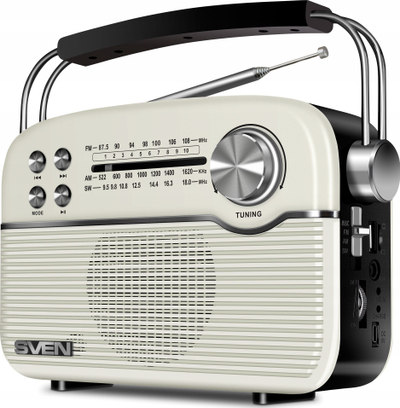 Radio portative Sven SRP-500, FM AM SW, retro, e bardhë