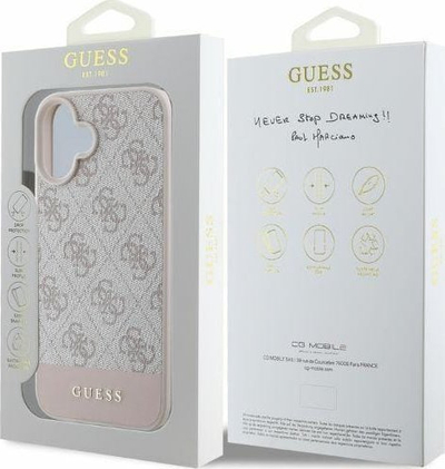 Mbulesë telefoni Guess GUHCP16SG4GLPI për iPhone 16, 4G PU Bottom Stripe, rozë