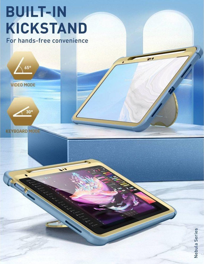 Футрола за таблет И-Бласон Космо, iPad 10-та генерација 10.9", со заштита за екран и држач за пенкало, сина мермер