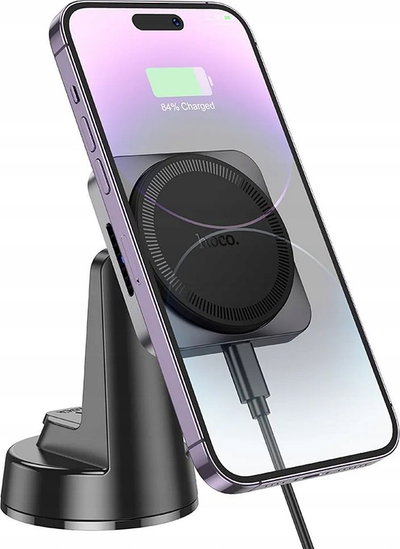 Mbajtëse magnetike makine me wireless HOCO HW16 Speed, 15W, për konsol qendror, gri metalike
