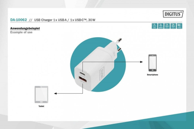Karikues muror Digitus USB, 30W, 1x USB C PD, 1x USB A QC, i bardhë