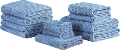 Set peshqirësh pambuku AREORA, 11 copë, teksturë waffle, blu